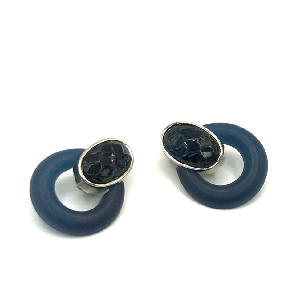 Vintage Blue Lucite Clip-On Earrings With Faux Black Stone Oval Detail